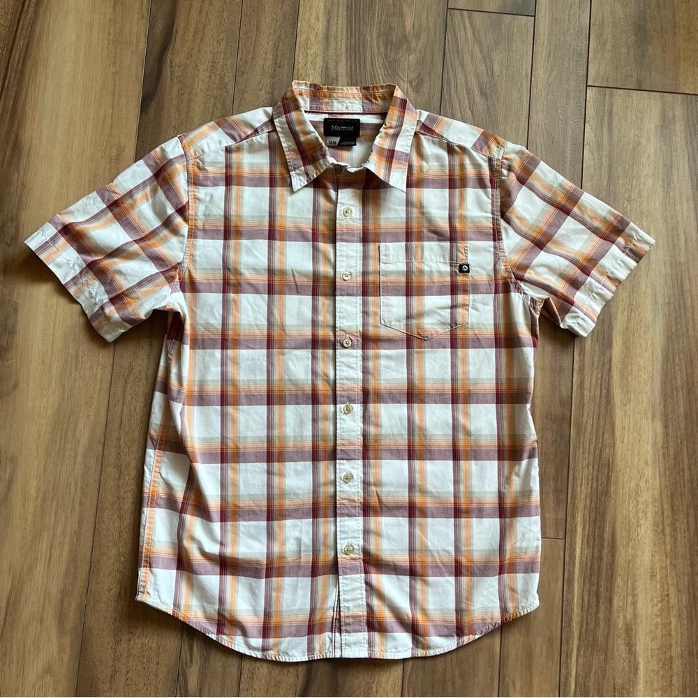 Marmot Men's Ellis Peak Shirt Short Sleeve Hiking Orange Red Plaid Size Medium